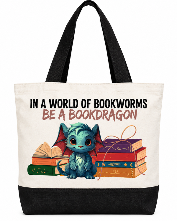 Book Dragon tote bag with cute dragon and books