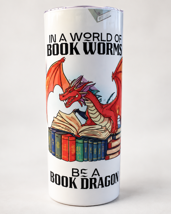 Book Dragon 20 oz skinny tumbler with colorful dragon and books